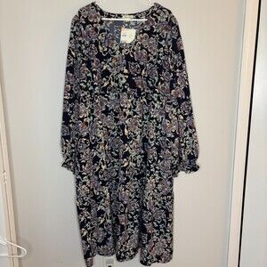COTTON BLEU NEW V-Neck Maxi Dress Womens 3X Navy Floral Balloon Sleeve Flowy